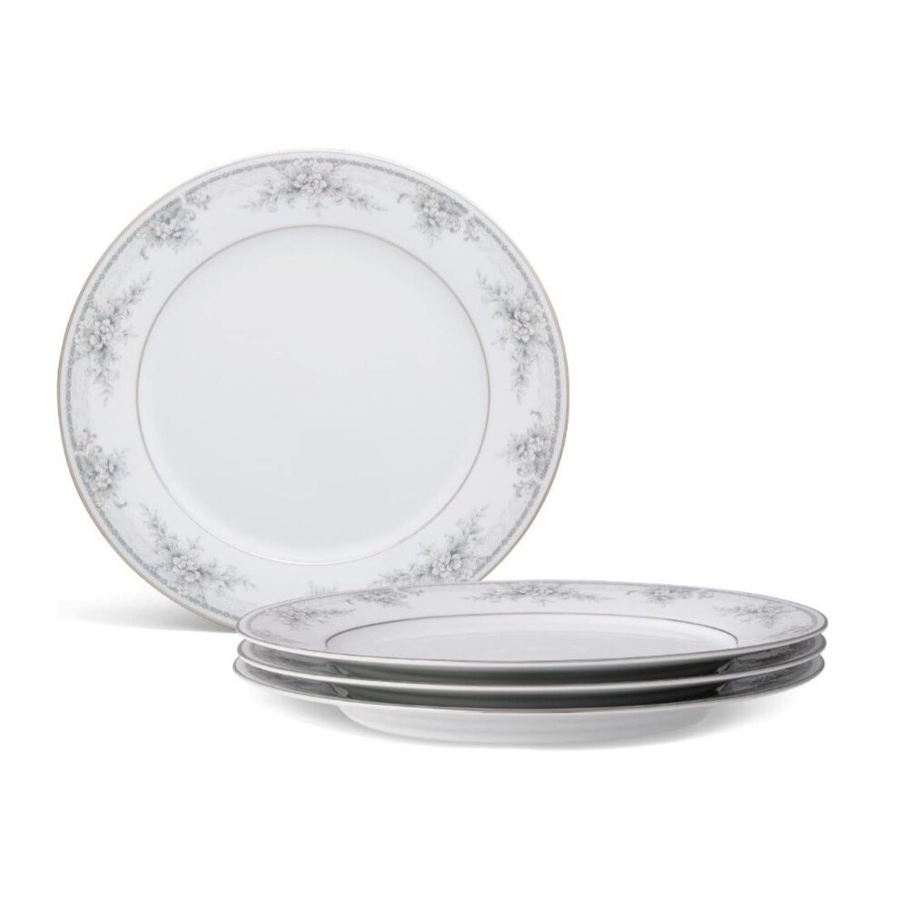 Noritake Sweet Leilani 4 Dinner Plates White Gray Floral Platinum Trim Porcelain